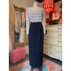 Badgley Mischka black and white beaded lace gown nude illusion pearl long sleeve
